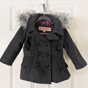 Urban Republic Baby Dress Charcoal Pea Coat w/ Faux Fur Trim Removable Hood 12M